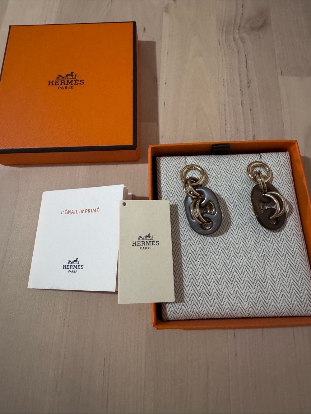 Hermes Gold and Brown Enamel Chain-Link Drop Earrings